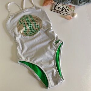 Speedo Practice Suit White w/Green & Gold accents